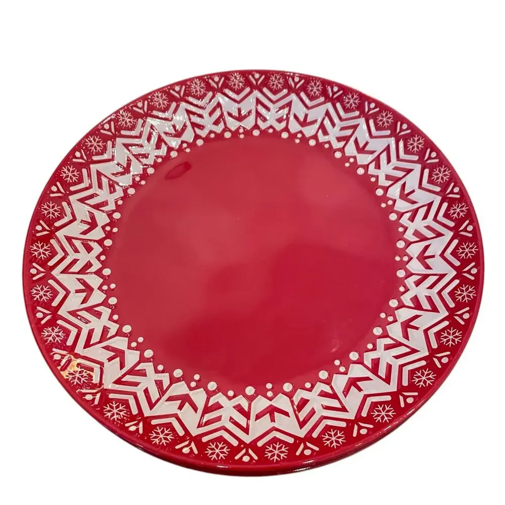 Holiday Red & White Melamine 11in Dinner Plates Set of 4 Christmas Snow New
